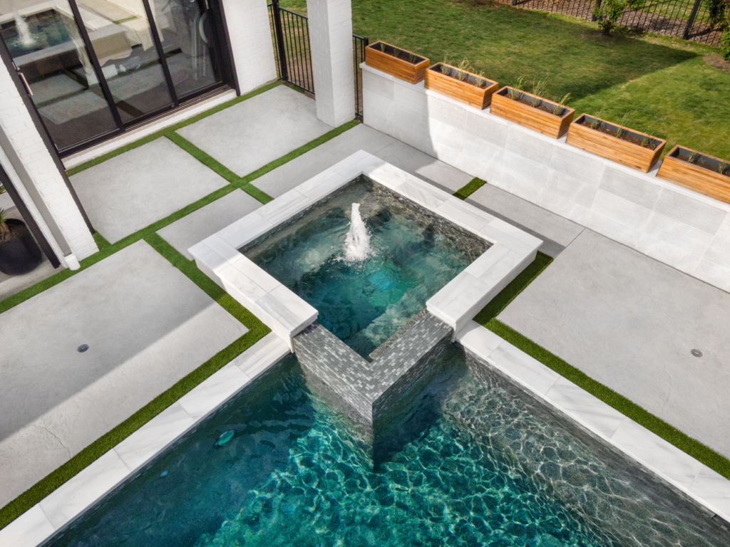 Stunning geometric pool with cantilever cover