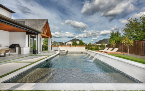 Stunning geometric pool with cantilever cover