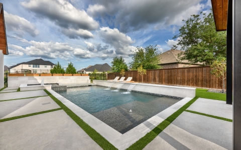 Stunning geometric pool with cantilever cover